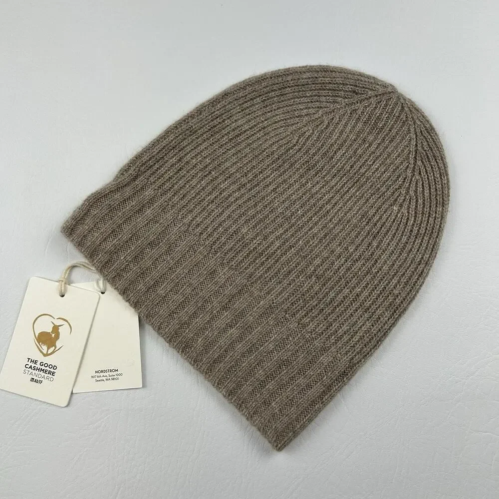Nordstrom 100% Cashmere Rib Knit Beanie Hat Taupe One Size Soft Luxury NWT